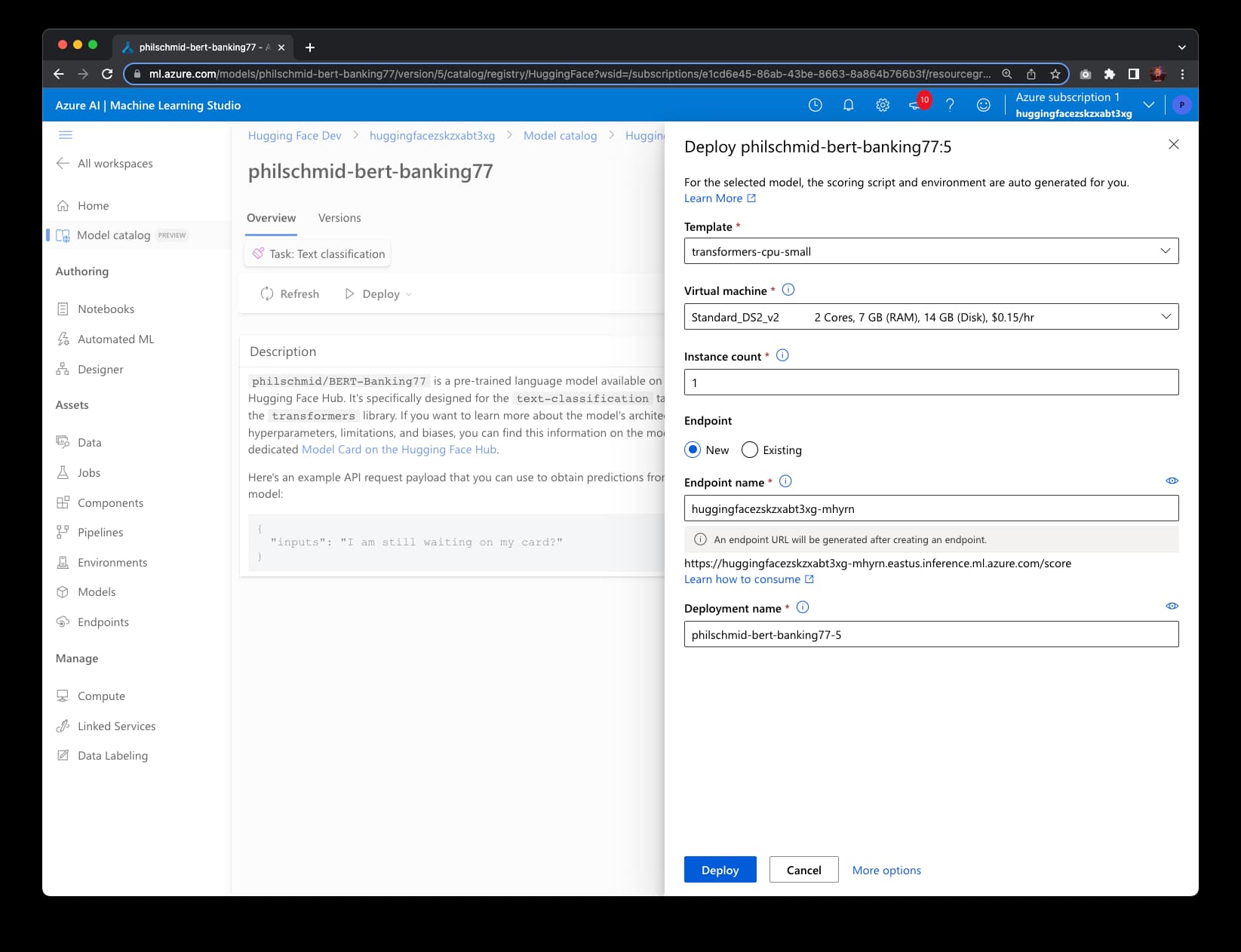 Creating a Hugging Face Endpoint on Azure Creating a Hugging Face Endpoint on Azure